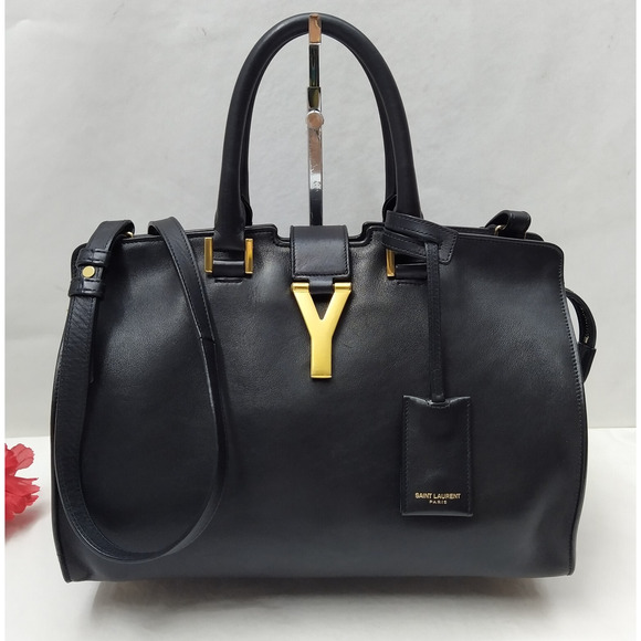 Saint Laurent Logo Black Leather Double Handles Satchel Shoulder Bag - Picture 1 of 16